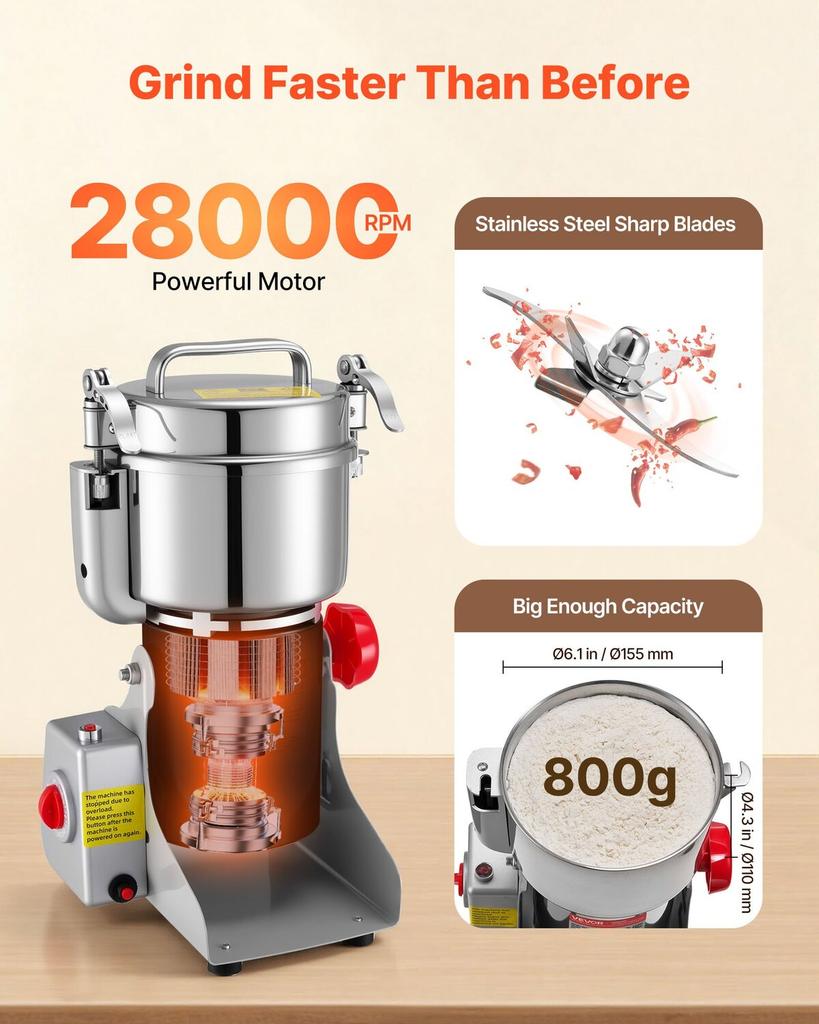 Electric Grain Mill Grinder, 800g Commercial Spice Grinders, High Speed 2100W Stainless Steel Pulverizer Powder Machine, for Dry Grains, Spices,