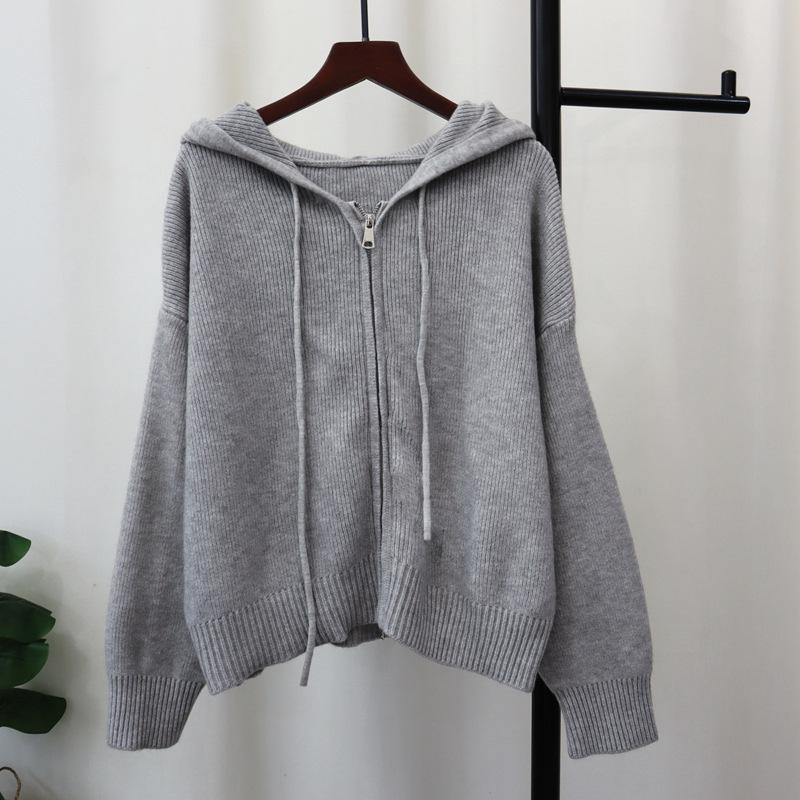 Double zipper hooded knitted cardigan autumn and winter new short design loose sweater jacket women