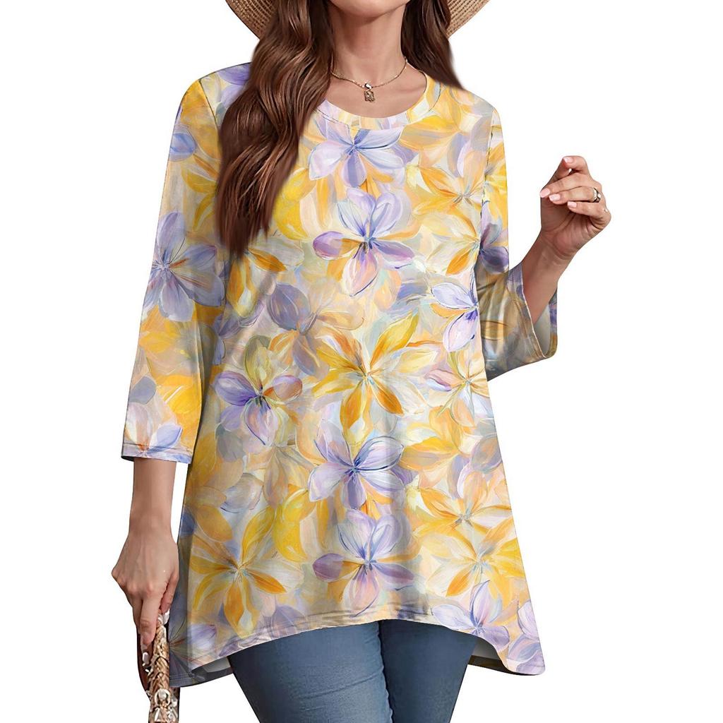 Women's Fashion Casual O-Neck 3/4 Sleeve Loose Printed T-Shirt Ladies Top