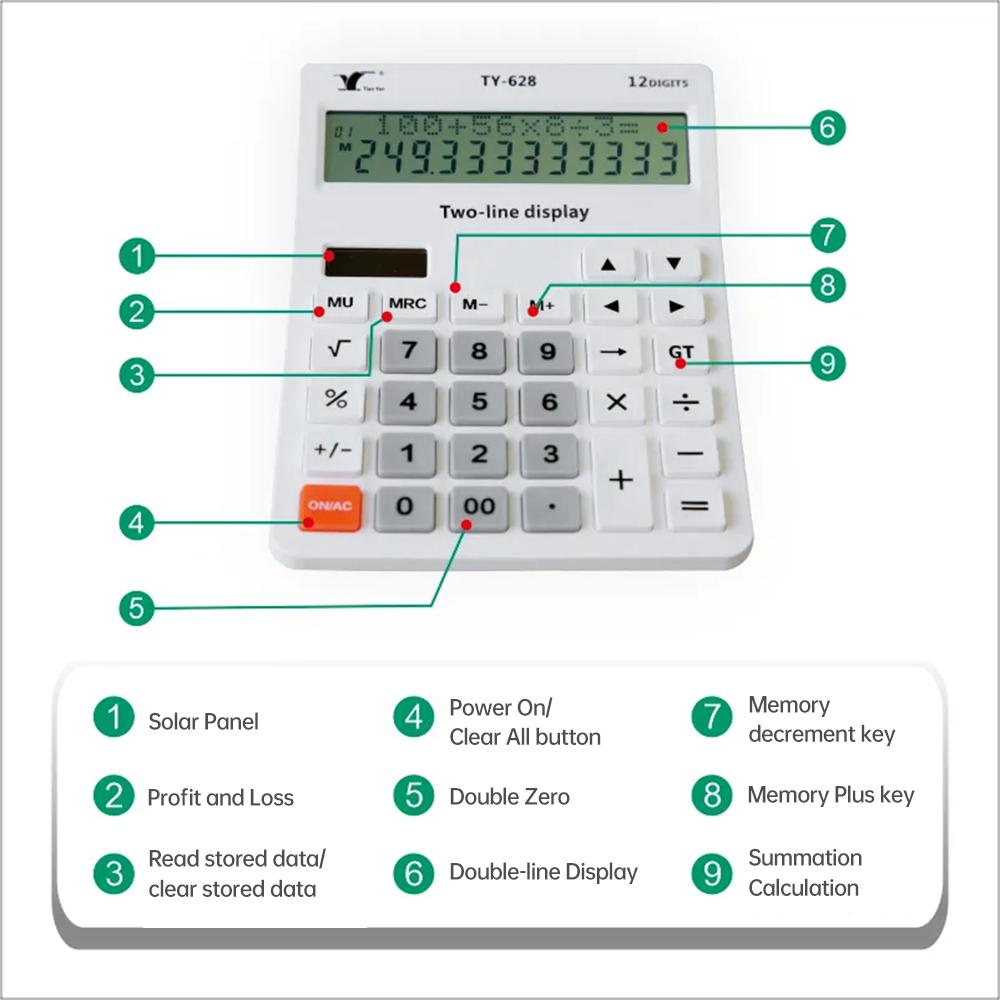 Desktop Calculator 12 Digit Large and LCD Display Big Button Calculators Solar Power and Battery