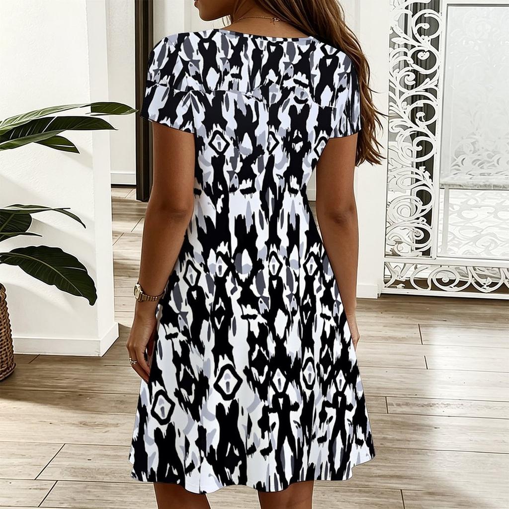 Oversized Ladies V Neck Short Sleeve Dress Watercolor Blossom Printed Loose Dress For Spring Outing And Daily Life