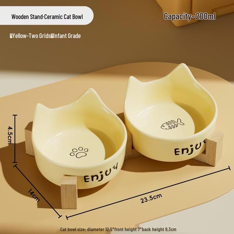 

HANDUNYOU Elevated Ceramic Double Cat Bowls with Wooden Stand