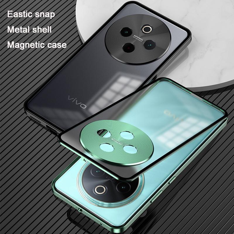 Elastic Snap Magnetic Metal Bumper Frame Case for Vivo Y300 Pro 5G 6.77" Clear Frosted PC Camera Lens Protector Back Cover