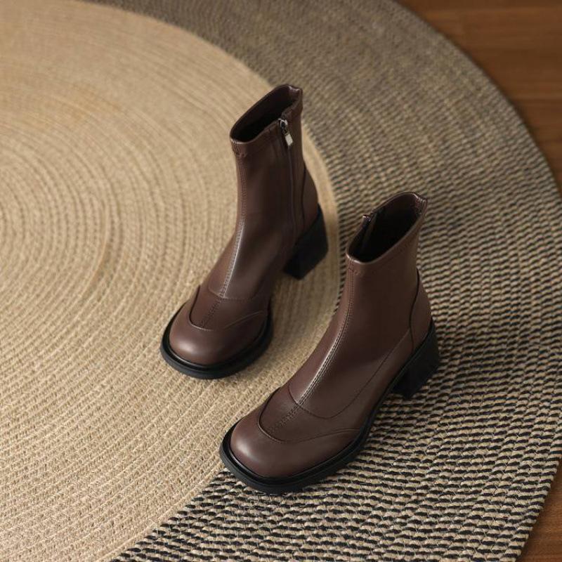 Autumn and Winter Leather High Heel Knight Boots Women's Rubber Sole Square Heel Round Head Korean Comfortable Side Zipper Women's Medium Boots