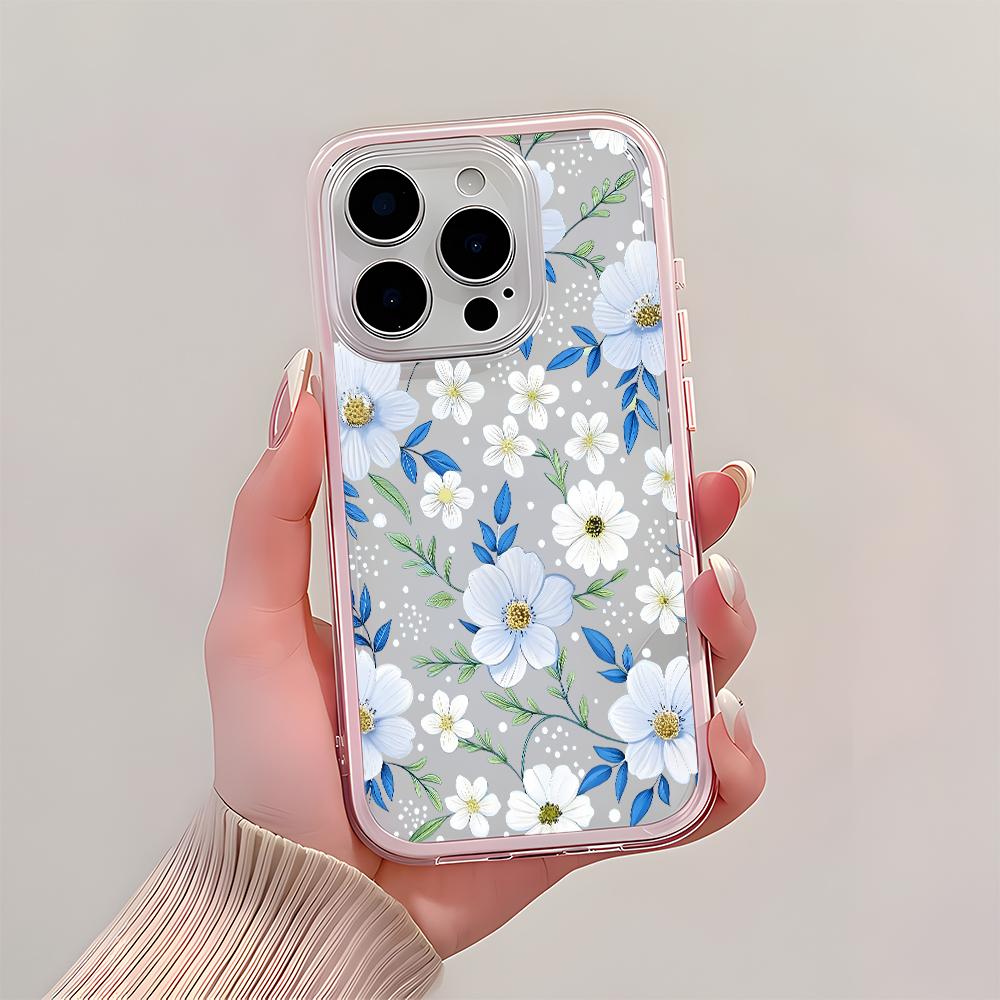 Fresh White Daisy Floral Pattern Clear Phone Case For iPhone 11 12 13 14 15 16 17 Pro Max Plus Air 2 In 1 Candy Color Soft Cover