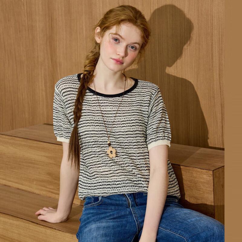 COOLHUT Women's Color-Block Striped Short Sleeve Knit Top
