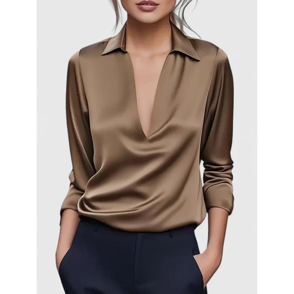 Women's Turn Down Collar Long Sleeve Deep V Neck Solid Satin Elegant Office Blouse Casual Daily Shirt