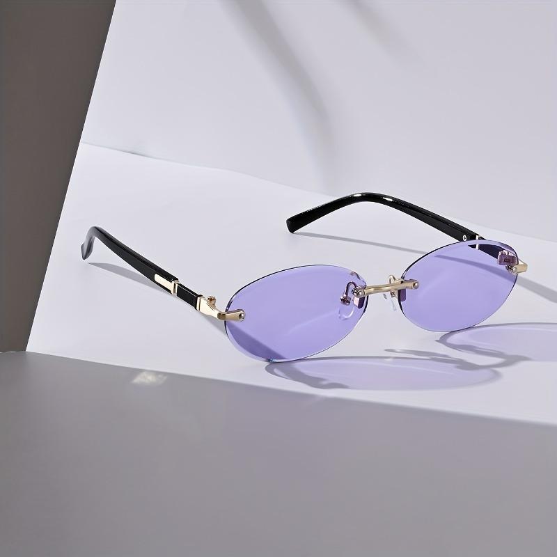 Vintage-Inspired Oval Frameless Fashion Glasses for Men & Women - Chic Black Metal Frame Tone Accents Multiple Colors Available
