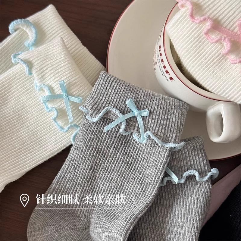 2025 New Japanese and Korean Style Women's Casual Socks Summer Cotton Thin Sweet Bow Lettuce Edge Round Neck Socks
