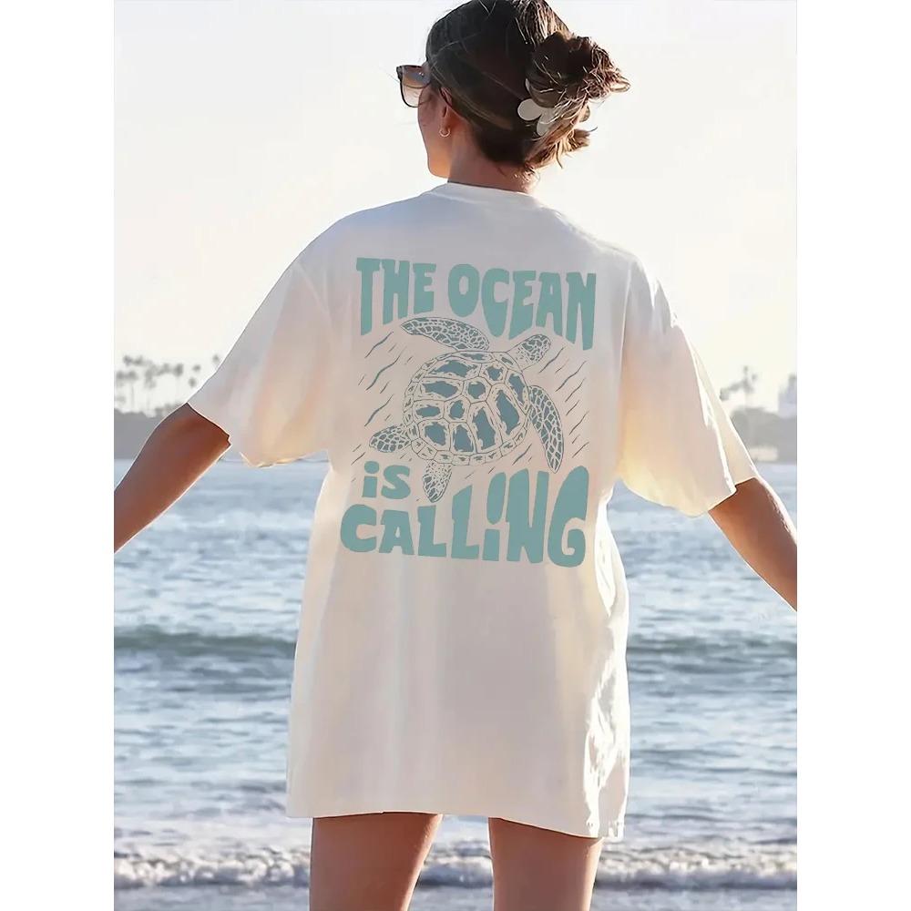 

New Cute Turtle Letter Printed T-shirt Summer Short Sleeved Round Neck Casual Top Women s Fashion Clothing S