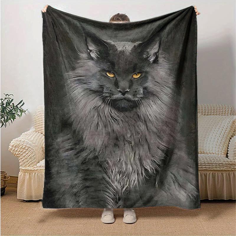 1pc Luxury Grey Cat Print Blanket Soft Flannel Throw for Home Decor, Couch Cover, Travel .W001