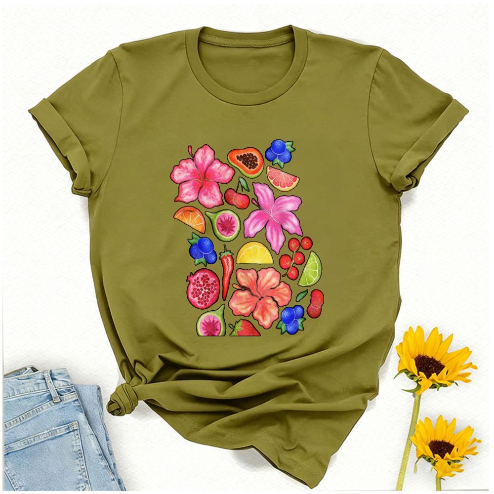 Exotic Tropical Fruit Floral Pattern Hibiscus Papaya Watermelon Lime Cherry Blueberry Chili Pepper White Crew Neck Short Sleeve
