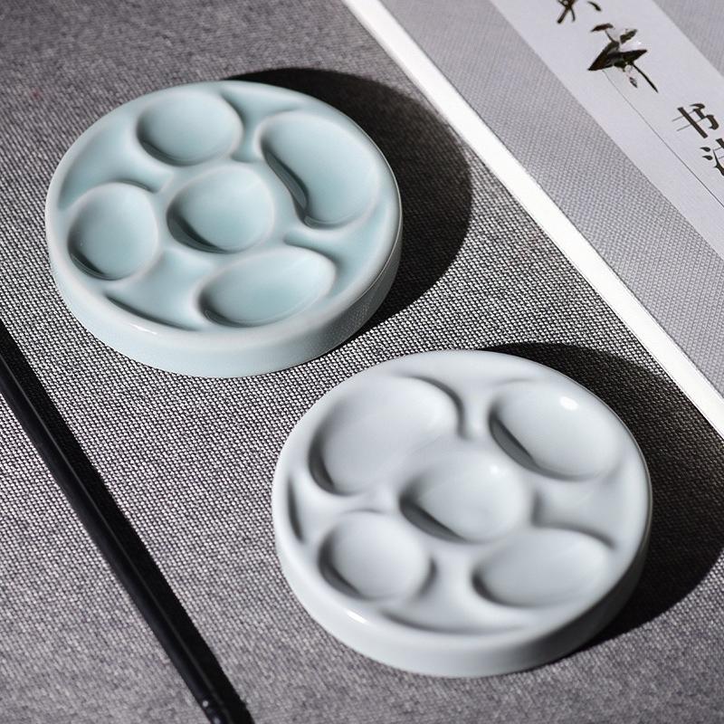 12cm Cute Round Ceramic Paint Palette Multi-Use Watercolor Dish Ink Mixing Tray for Artists Calligraphy 2cm Height