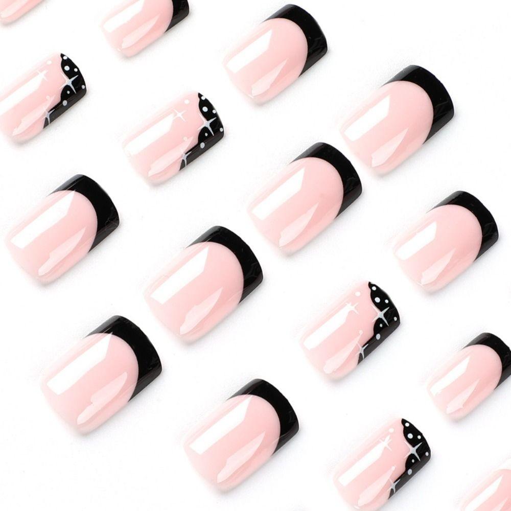 24pcs Detachable Fake Nials Gold Gitter Press on Nails Star Wavy French False Nails Short Square