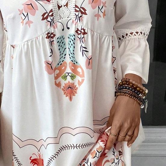 Women's Boho Floral Mini Dress Fall Long Sleeve V Neck Flowy Wedding Guest Dress Casual Beach Vacation Outfits