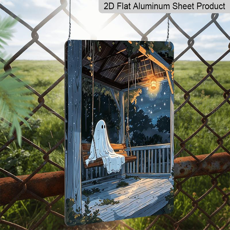 2D Flat, 1pc Decorative Sign & Plaque, Halloween Cartoon Ghost Swing Aluminum Sign, Halloween Wall Decor for Haunted House, Party, Home, Bathroom