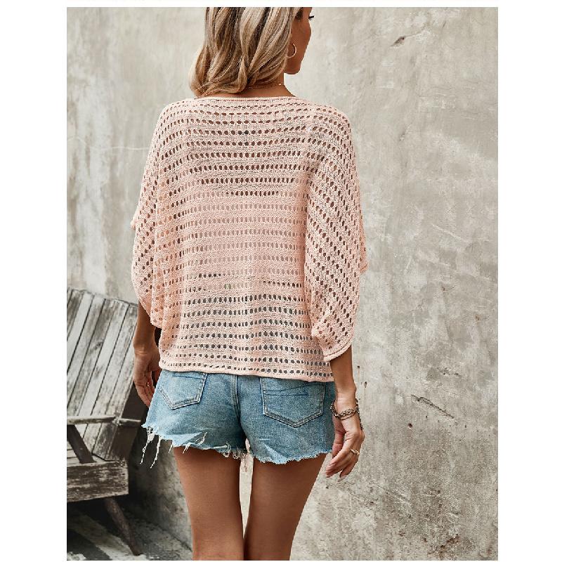 2026 New Round Neck Solid Color Women's Bat Sleeve Hollow Loose Knit Sweater