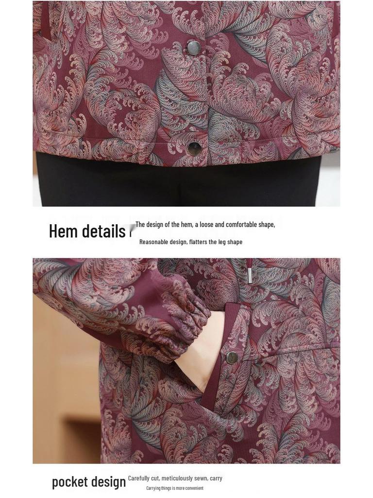 Spring/Autumn Plus Size Loose Hooded Jacket for Middle-Aged & Elderly Women - Fashion Print Patchwork Design