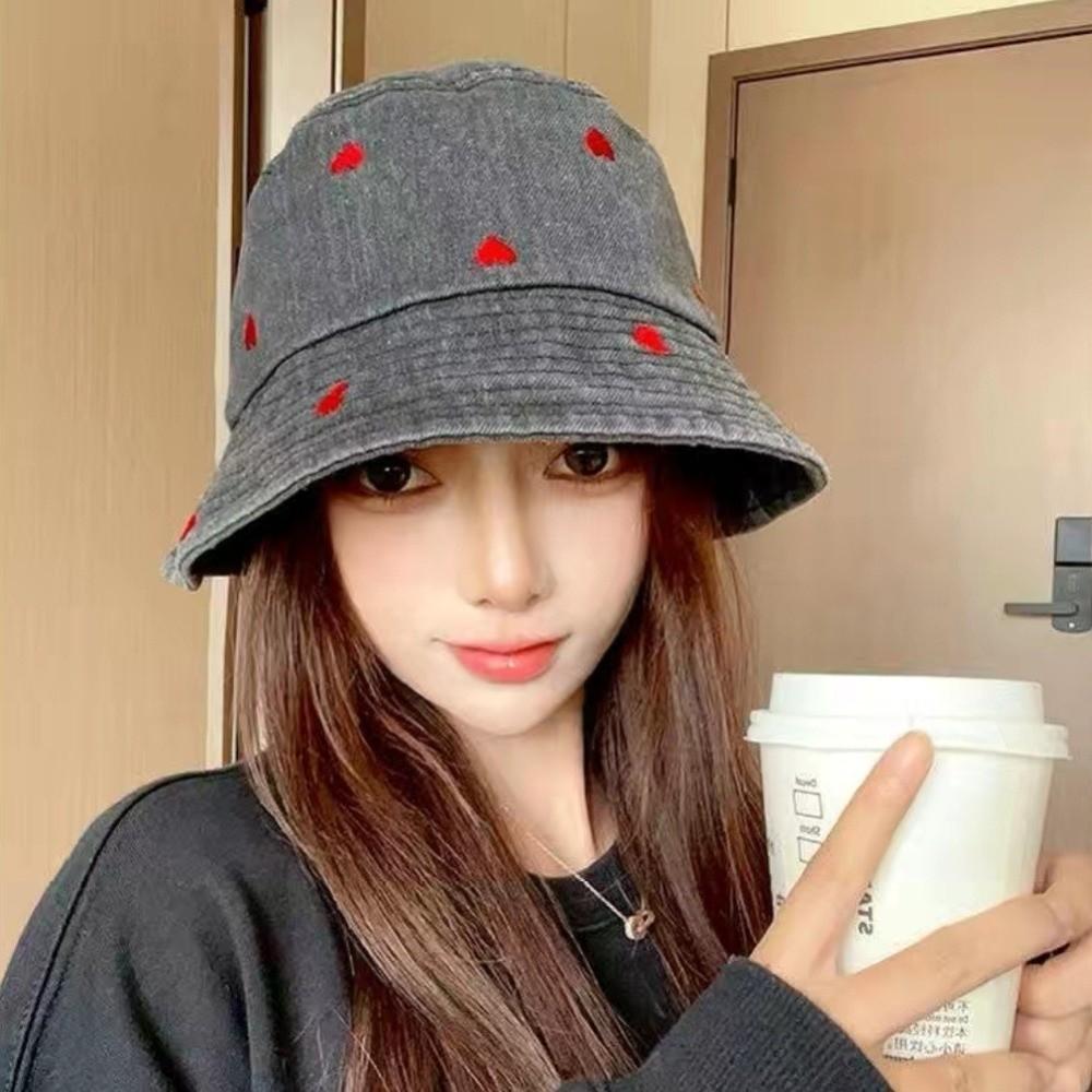 Love Heart Embroidery Denim Fisherman Hat Versatile Sun Protection Hat Fashion Bucket Hat Women