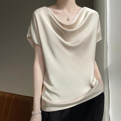 Fashion Women Satin Thin Temperament Collar Tops Short Sleeve Stacked Spring Summer New Versatile T-shirt Foreign Style