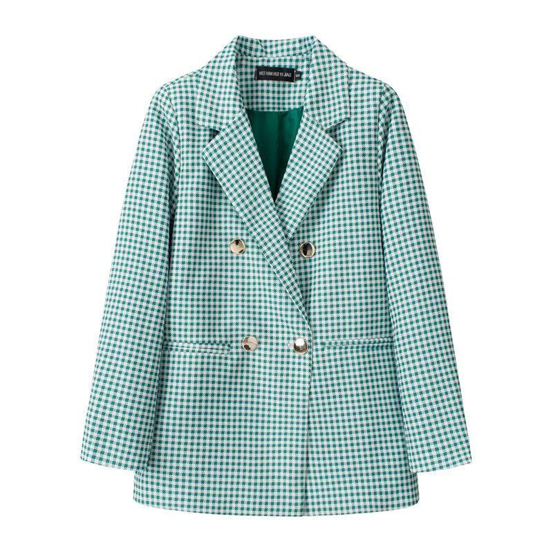 Blue Blazer Women British Style Checkered Suit Jacket Elegant Office Wear New Arrival Performance Outfit