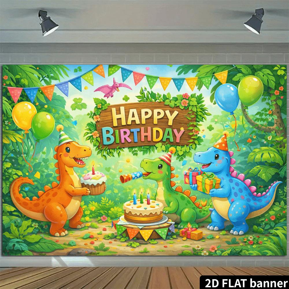 Pânză de fundal 2D plată, dintr-o singură bucată, pentru petrecerea de ziua de naștere cu dinozauri. Potrivit pentru petreceri interioare și exterioare. Decorativ pentru fotografie.