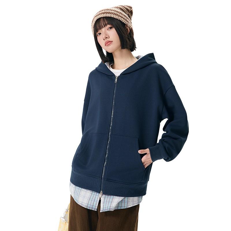 Unisex Kareli Kapüşonlu Fermuarlı Sweatshirt Sahte İki Parça Oversize Günlük Kazak