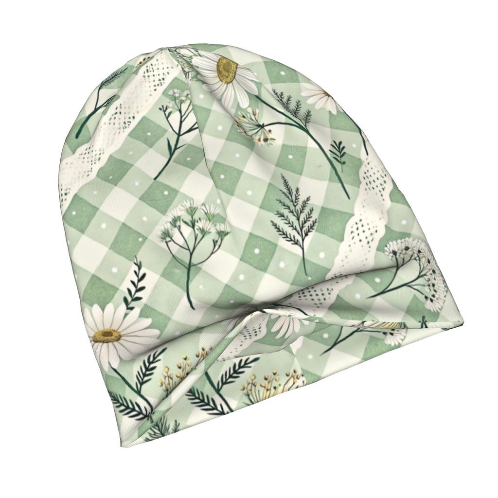 ZLIENSZUS Adult Cottagecore Beanie Hat - Sage Gingham Daisy Print Suitable for Fall Winter Layering, Cozy Gingham or Layered Outfits, Streetwear & Wee