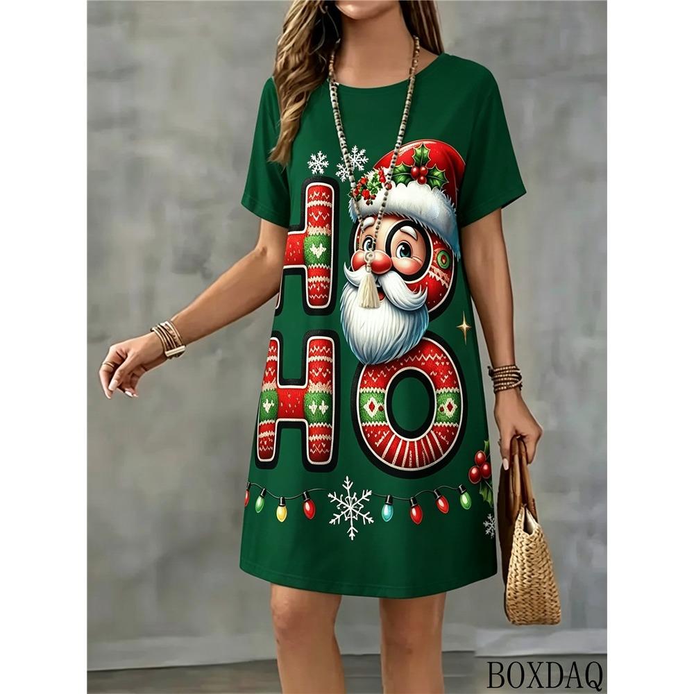 New Santa Claus Pattern Printed Women's Dress For Summer Christmas Casual Round Neck Short Sleeved Loose Pullover Dresses