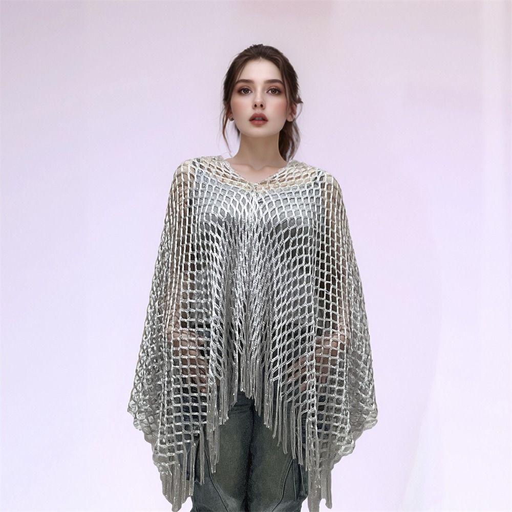 Tassel Sunscreen Cover-up Loose Fit Knit Hollow Out Top Simple Fishnet Swimsuit Cover Up  Vacation