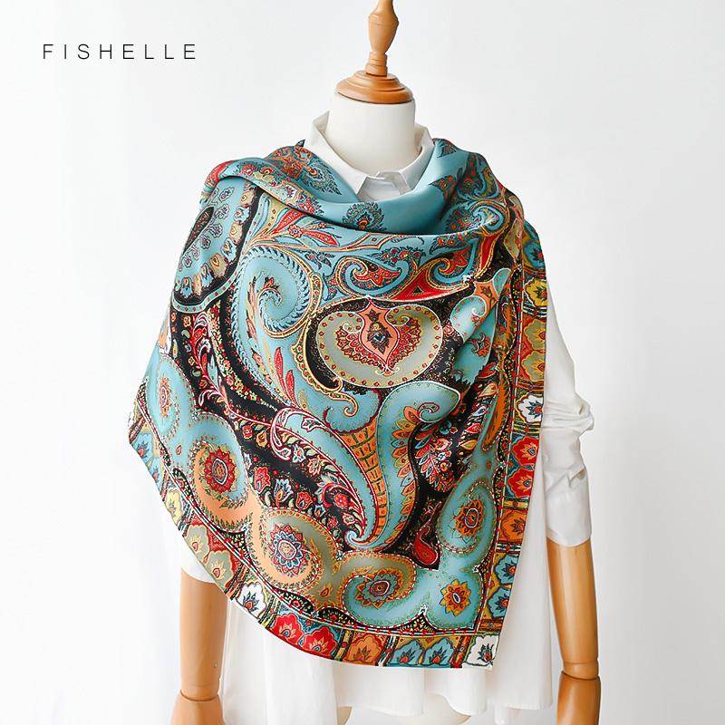 Peacock blue natural satin silk scarf 110cm big square bandana printed 100% pure silk scarves women luxury shawl gift for lady
