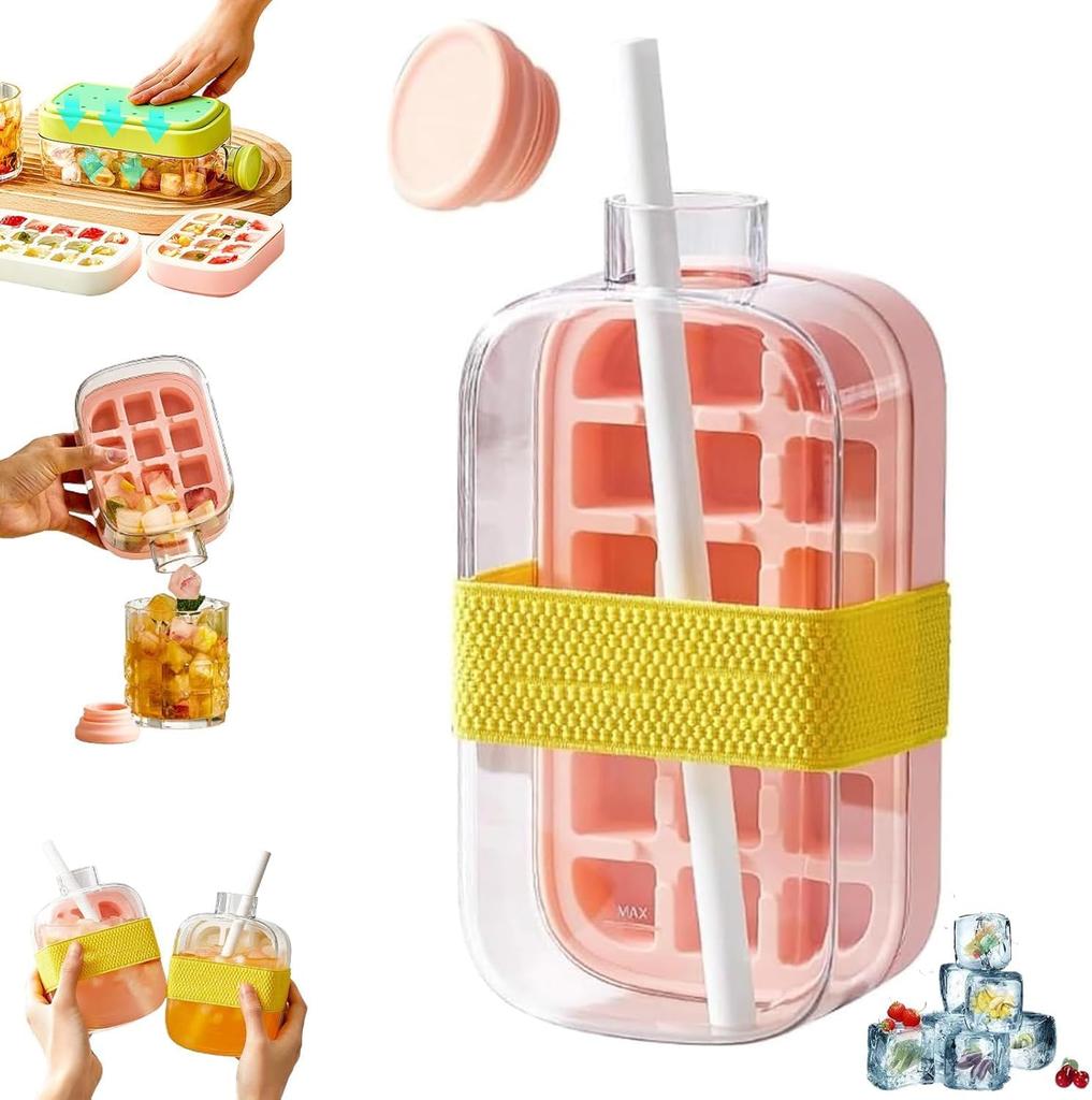 Ice Cube Bottle, Ice Cube Bottle with Lid and Container, 2 In 1 Ice Cube Tray, Water Bottle with Lid and Container
