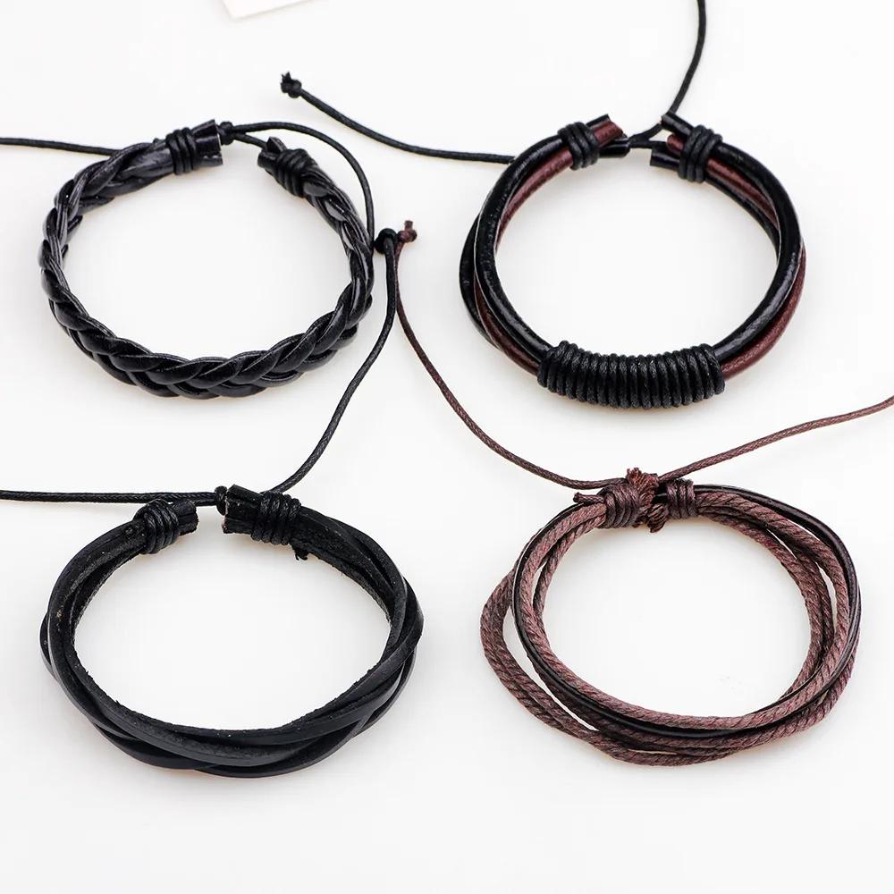 4Pcs Set Vintage Fashion Black Wrap Woven Men Leather Bracelets Women Charms Handmade Hip Hop Bangle Accessories Jewelry Gift