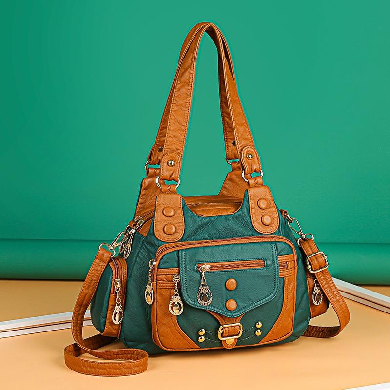 Contrast Bag, Rivet, Washed Leather, Women's Bag, Shoulder Crossbody, Portable Soft Leather, Large Capacity, Multilayer.