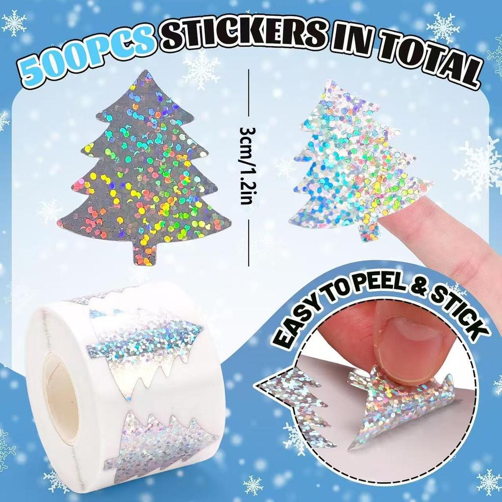 500pcs Laser Silver Christmas Tree Stickers - Waterproof Pine Tree Adhesive Seals for Decoration