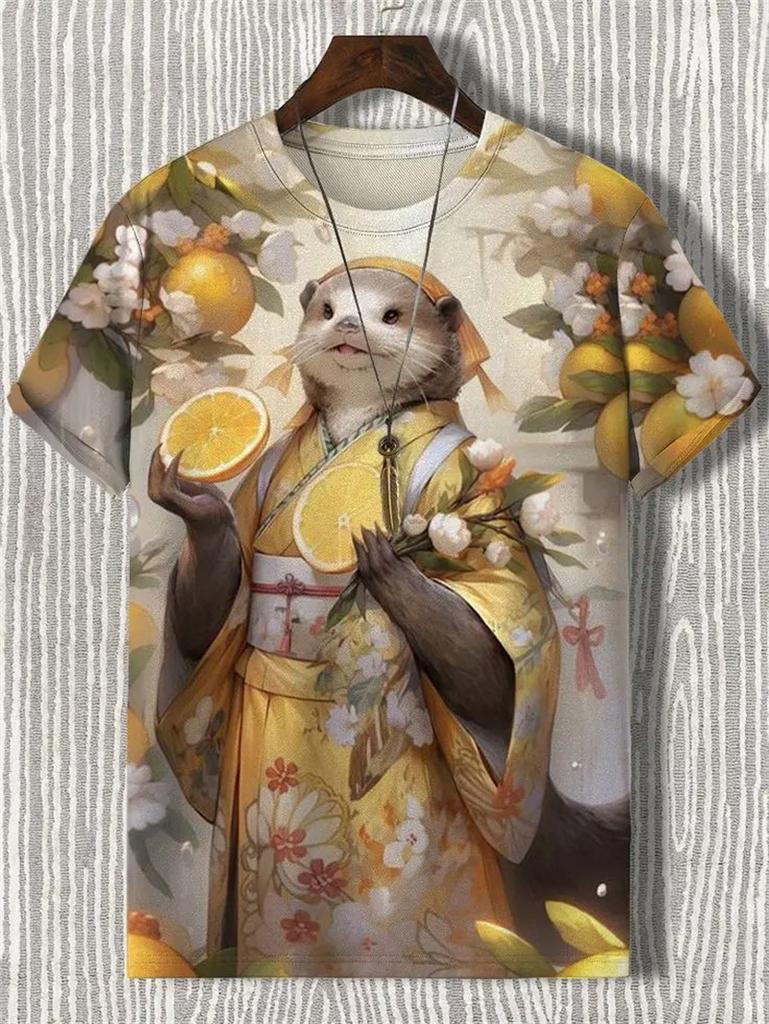 Japanese Cat Pattern T-Shirt For Men Warrior Animal 3D Print Tee Shirts Summer Casual O-Neck Short Sleeve Tees Street Loose Tops