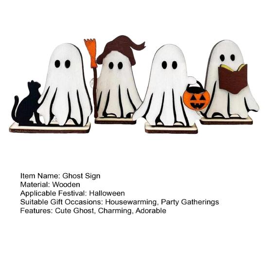 Cute Wooden Ghost Signs Halloween Indoor Tiered Tray Decor Ghost Theme Tabletop Centerpiece for Party Home Kitchen Shelf Decor