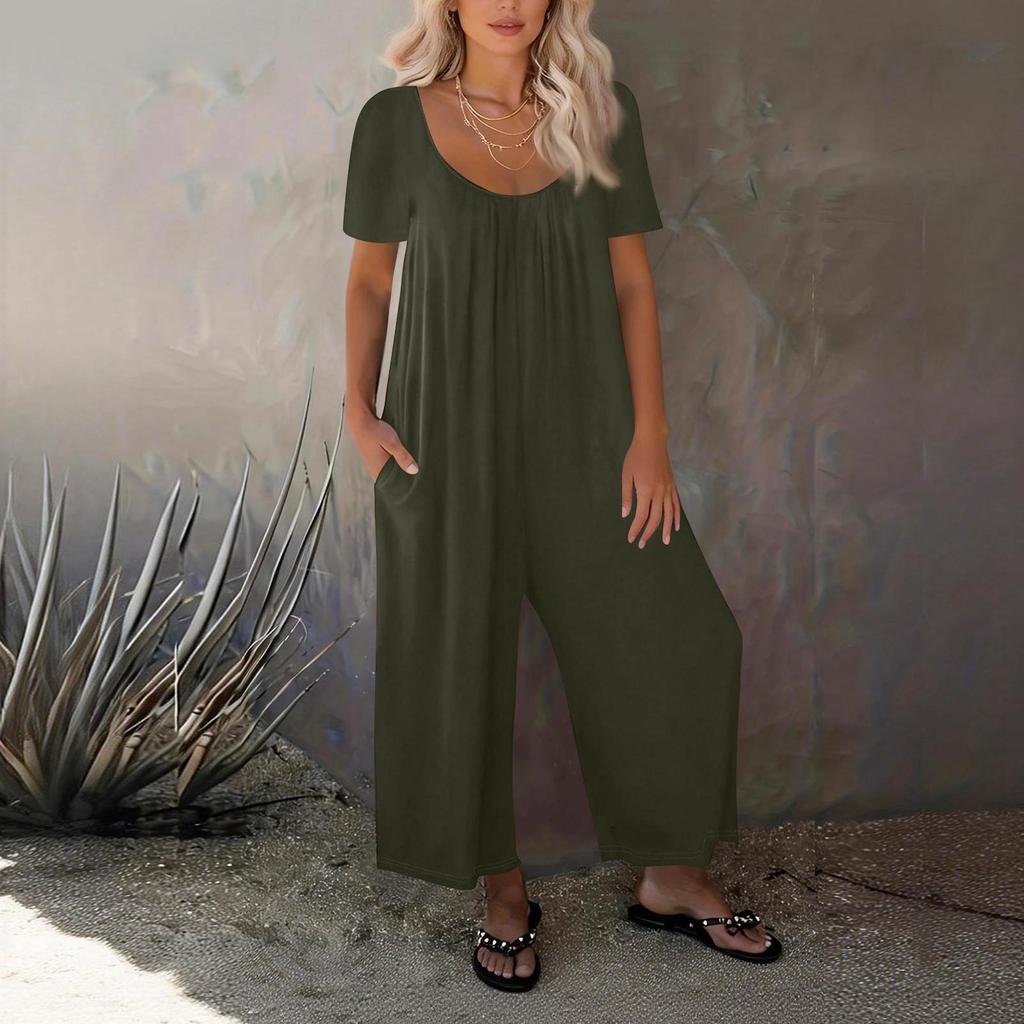 Women's Fashionable Casual Relaxed Fit Pocketed Short Sleeve Jumpsuit