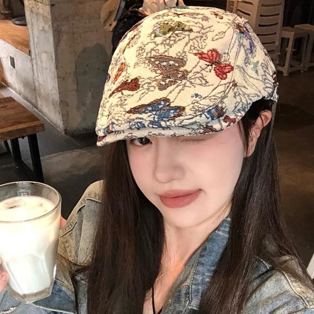 Ethnic Style Retro Newsboy Cap Reversible Design Butterfly Embroidered Beret  Spring Summer