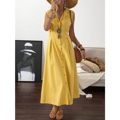 Women's Long Dress with Suit Collar, Solid Color Button, Sleeveless and Large Swing