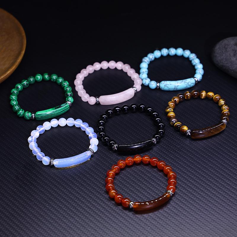 8mm Green Aventurine and Pink Crystal Handmade Bead Bracelet with Curved Tube Design