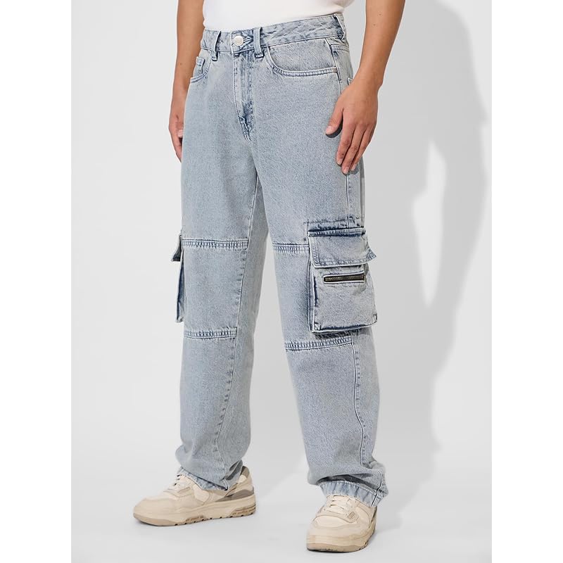 The Souled Store Denim: Washed Men and Boys Buttoned Solid Cotton Blend Baggy Fit Jeans