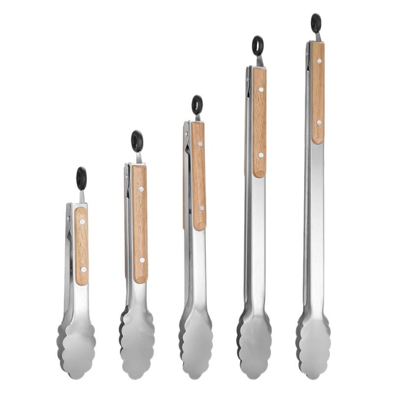In-Stock Stainless Steel Korean BBQ Tongs with Oak Handle - Extended Version for Grilling and Cooking