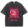 Cotton Womens Acid Wash T-Shirts My Lips Our Kiss Letter Printing Tee Shirts Comfortable Oversized Tops Street Clothes