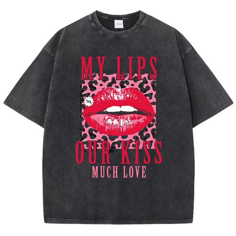 Cotton Womens Acid Wash T-Shirts My Lips Our Kiss Letter Printing Tee Shirts Comfortable Oversized Tops Street Clothes