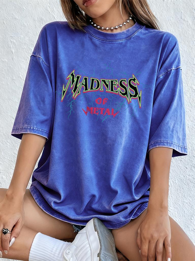 Madness Of Metal Cotton Washed TShirt Womens Summer Oversized Tops Comfortable ONeck Distressed T Shirt Street Womens Clothes