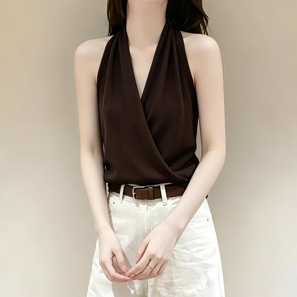 Korean Style Brown Sleeveless Backless Halter Vest - Slimming Solid Chic Women's Top for Summer 2026