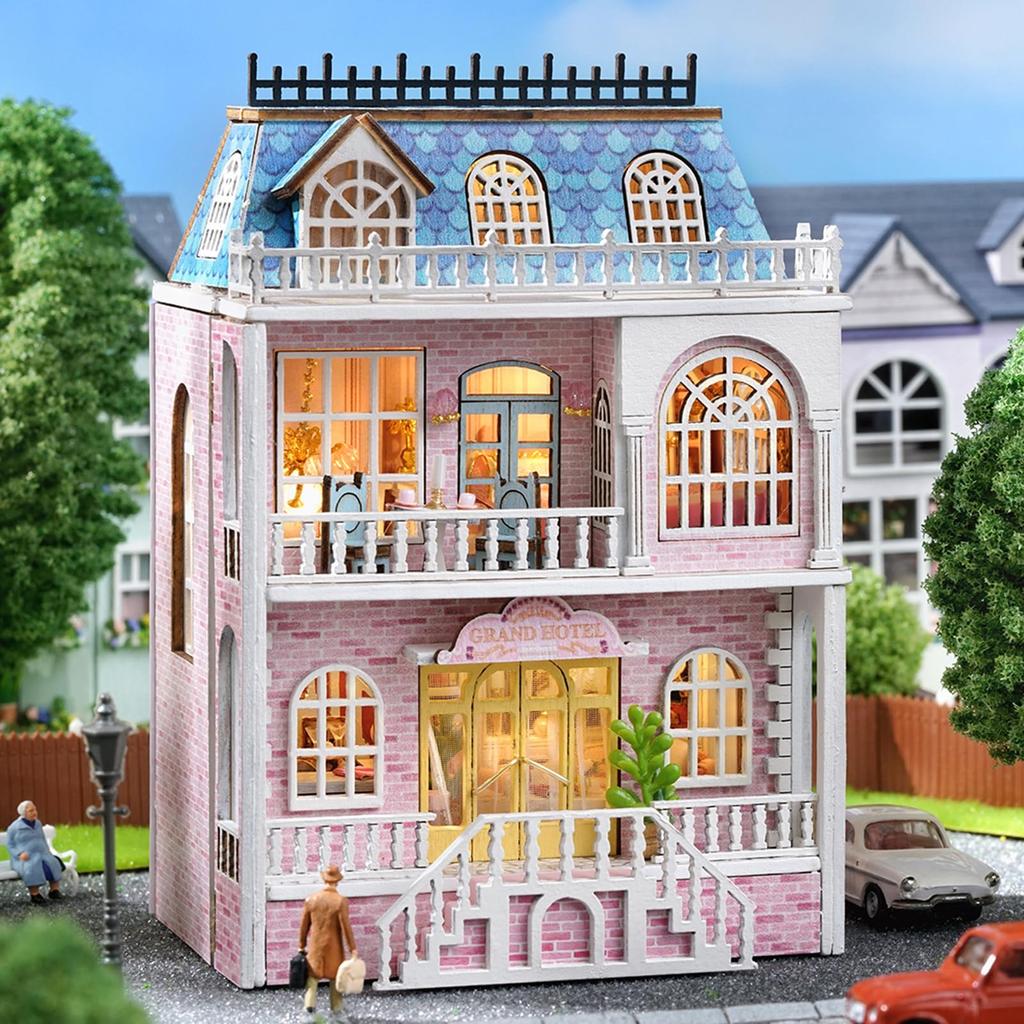 Spilay Dollhouse DIY Miniature Wooden Furniture Kit, Mini Handmade Dollhouse with LED Lights, 1:24 Scale Creative Woodworking Craft Toy (D-018) -