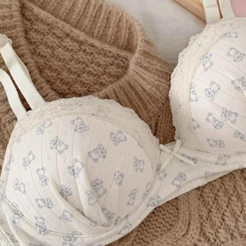 Light Blue Jacquard Lace Trim Underwire Bra with Bow Accent