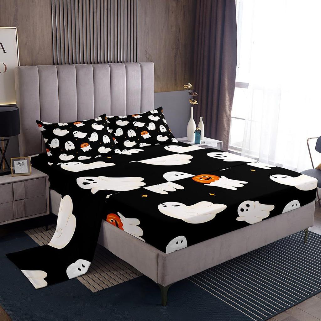 Halloween Cartoon Ghost Pattern Bed Hat Four-Piece Bedding Set Bedroom Dormitory Bedding Decoration